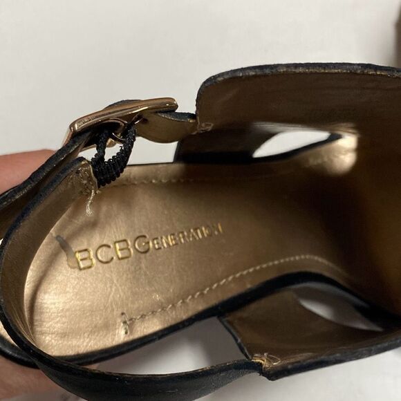BCBG Generation Black Leather Open Toe Wedge Size 6.5 - Picture 7 of 9
